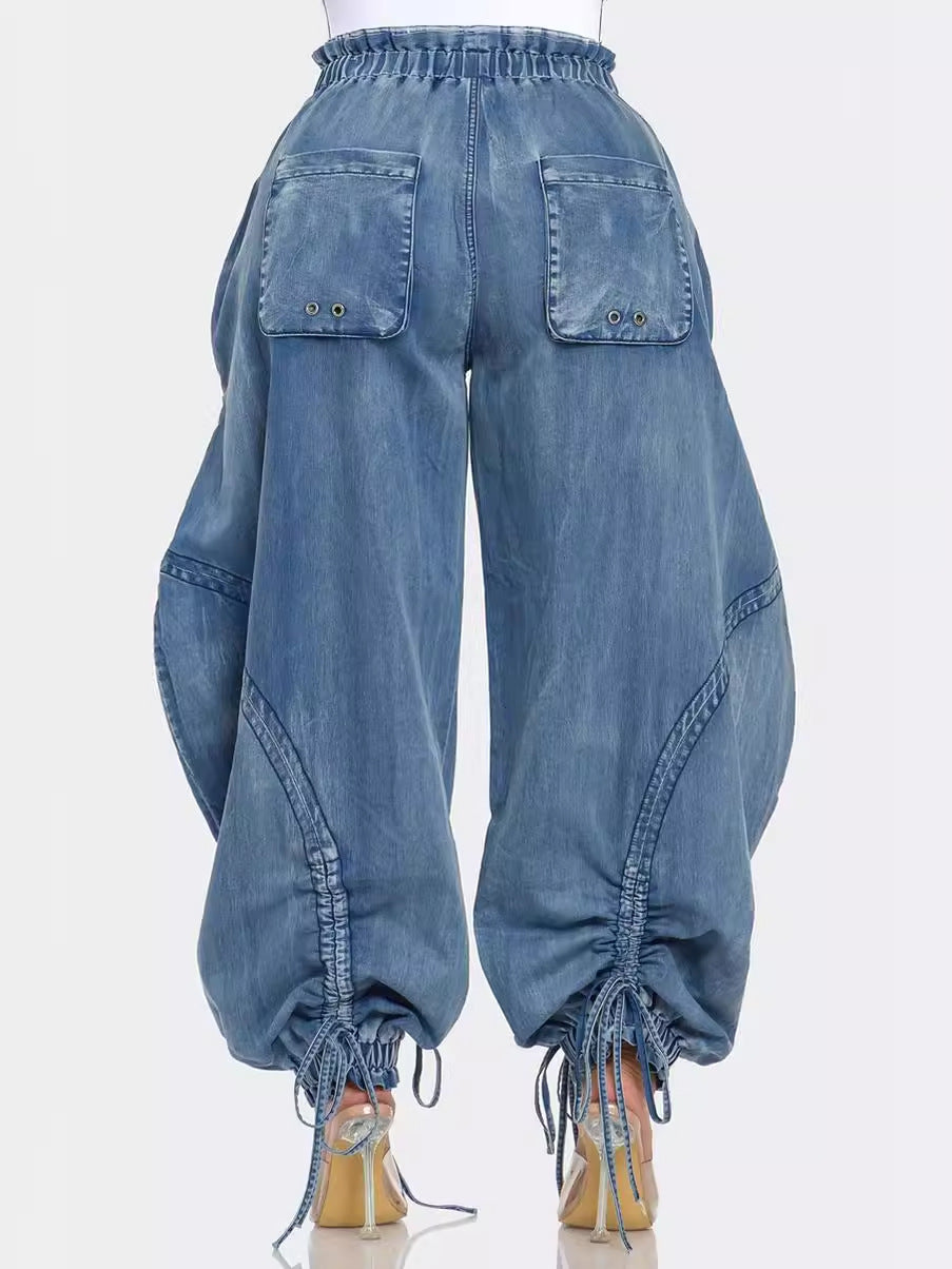 Elastic waistband, drawstring, tie, toe tie, bow, loose fit, slimming straight leg jeans, women's casual pants